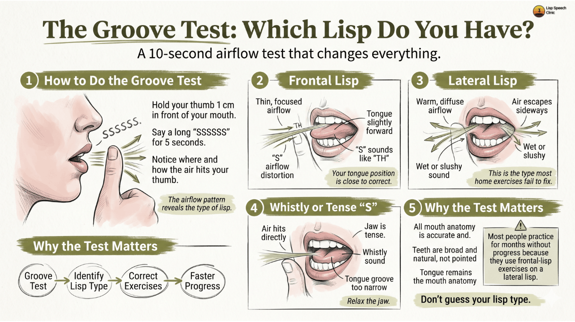 Infographic showing a quick airflow test to identify different types of lisps.