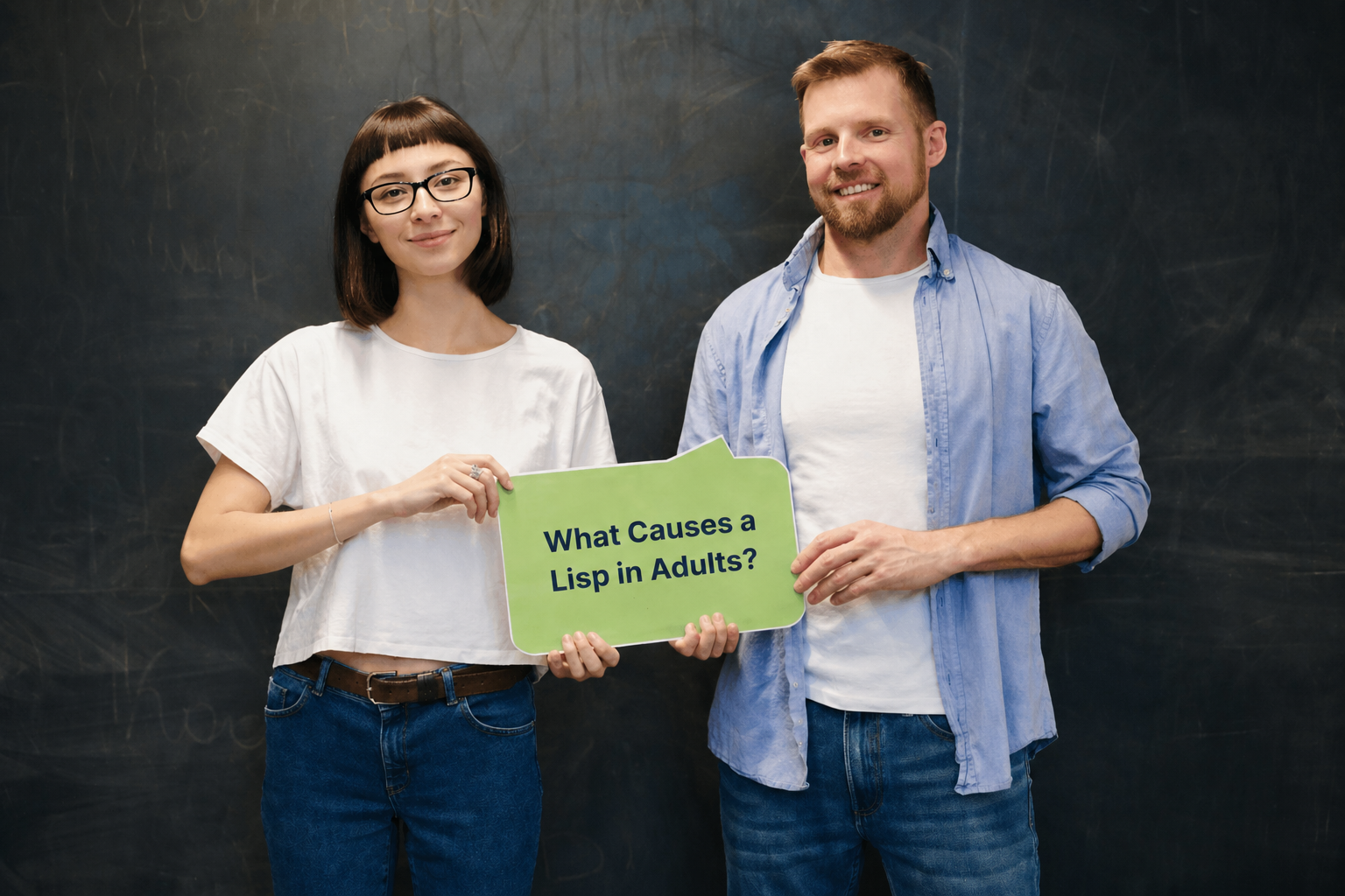 Two adults holding a speech bubble sign that reads What Causes a Lisp in Adults?